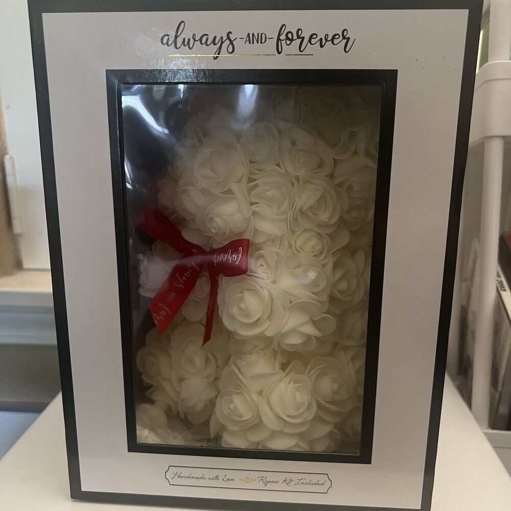 Always -and- Forever Flower Bear  White - Valentine, Birthday & Anniversary Gift